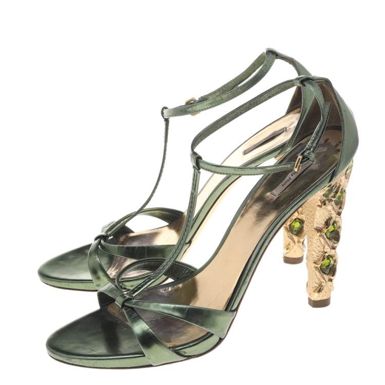 Pre Owned Miu Miu Metallic Green Leather T Strap Sandals Size 40.5