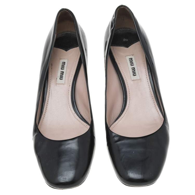 Pre Owned Miu Miu Black Patent Leather Crystal Embellished Block Heel Pumps Size 39