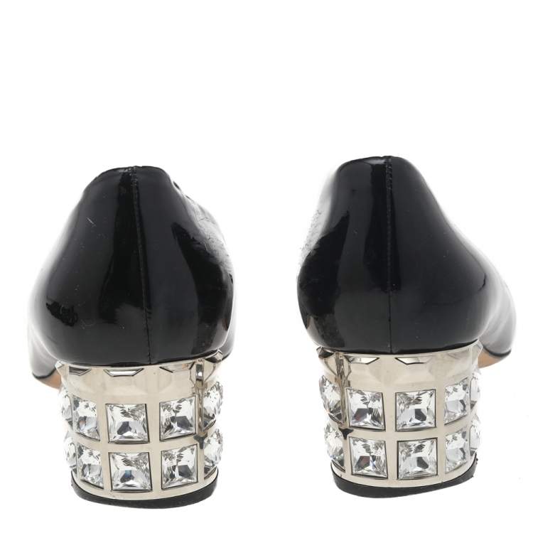 Pre Owned Miu Miu Black Patent Leather Crystal Embellished Block Heel Pumps Size 39
