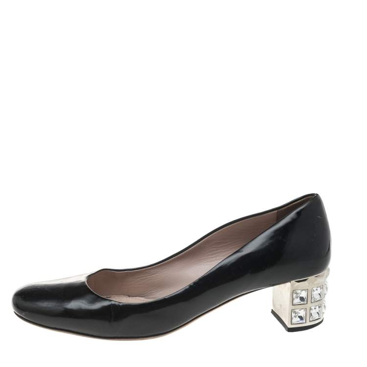 Pre Owned Miu Miu Black Patent Leather Crystal Embellished Block Heel Pumps Size 39