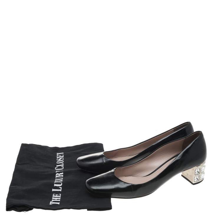 Pre Owned Miu Miu Black Patent Leather Crystal Embellished Block Heel Pumps Size 39