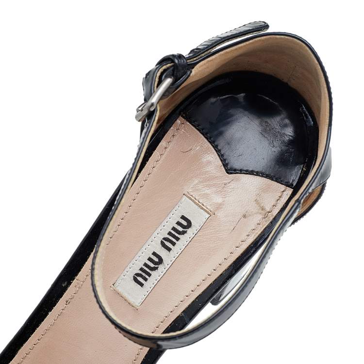 Pre Owned Miu Miu Black Patent Leather Crystal Embellished Platform Ankle Strap Sandals Size 39