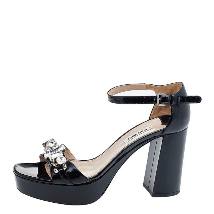 Pre Owned Miu Miu Black Patent Leather Crystal Embellished Platform Ankle Strap Sandals Size 39