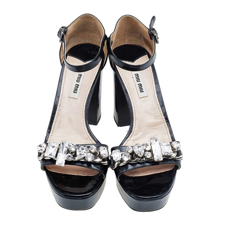 Pre Owned Miu Miu Black Patent Leather Crystal Embellished Platform Ankle Strap Sandals Size 39