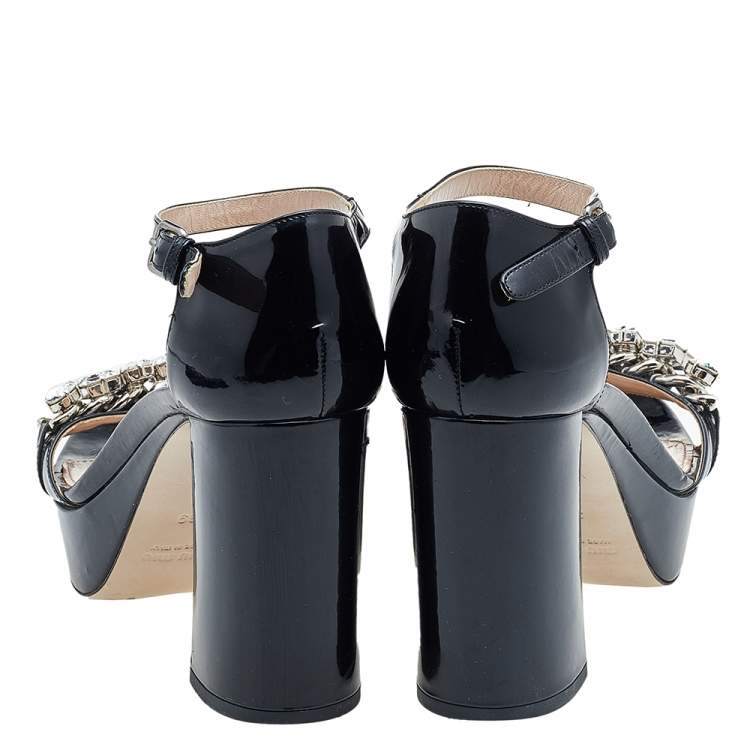 Pre Owned Miu Miu Black Patent Leather Crystal Embellished Platform Ankle Strap Sandals Size 39