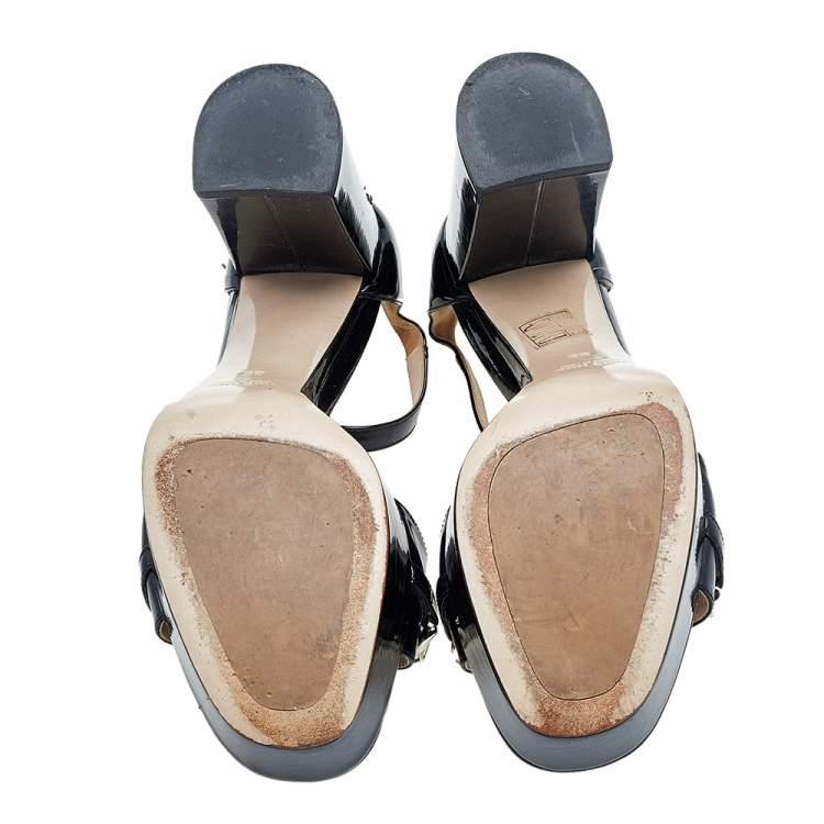 Pre Owned Miu Miu Black Patent Leather Crystal Embellished Platform Ankle Strap Sandals Size 39