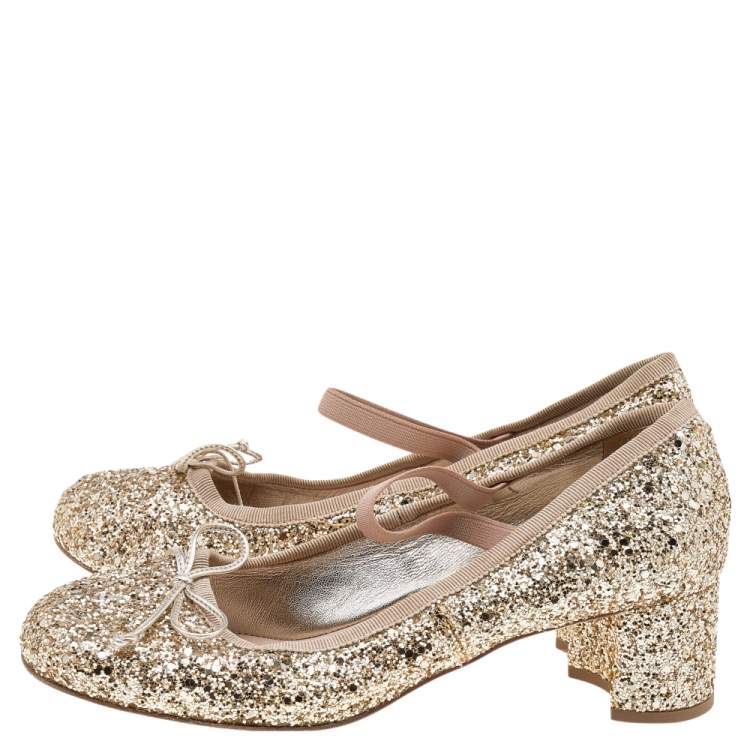 Pre Owned Miu Miu Beige/Gold Glitter Bow Pumps Size 36