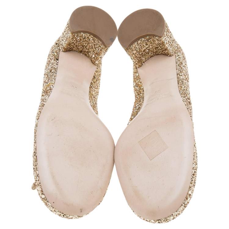 Pre Owned Miu Miu Beige/Gold Glitter Bow Pumps Size 36