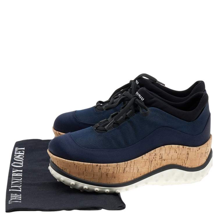 Pre Owned Miu Miu Blue Satin And Fabric Astro Cork Platform Sneakers Size 36.5