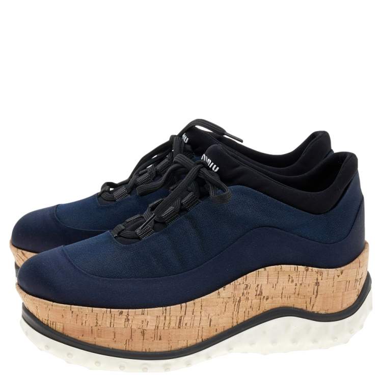 Pre Owned Miu Miu Blue Satin And Fabric Astro Cork Platform Sneakers Size 36.5