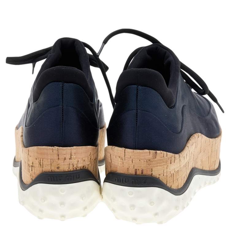 Pre Owned Miu Miu Blue Satin And Fabric Astro Cork Platform Sneakers Size 36.5