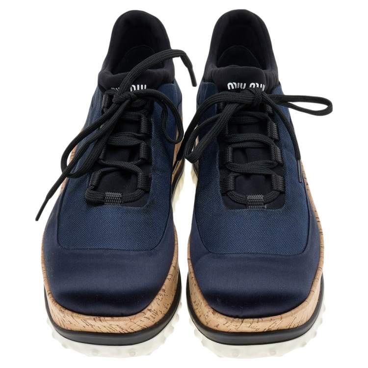 Pre Owned Miu Miu Blue Satin And Fabric Astro Cork Platform Sneakers Size 36.5