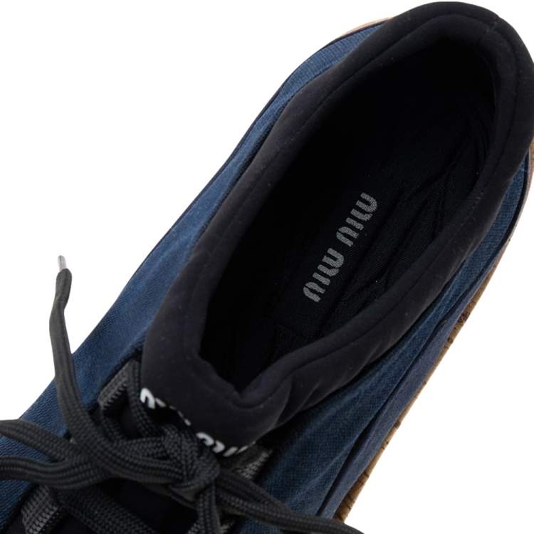 Pre Owned Miu Miu Blue Satin And Fabric Astro Cork Platform Sneakers Size 36.5