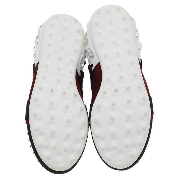 Pre Owned Miu Miu Black/Burgundy Satin Crystal Embellished Slip On Sneakers Size 35.5