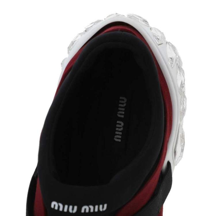 Pre Owned Miu Miu Black/Burgundy Satin Crystal Embellished Slip On Sneakers Size 35.5