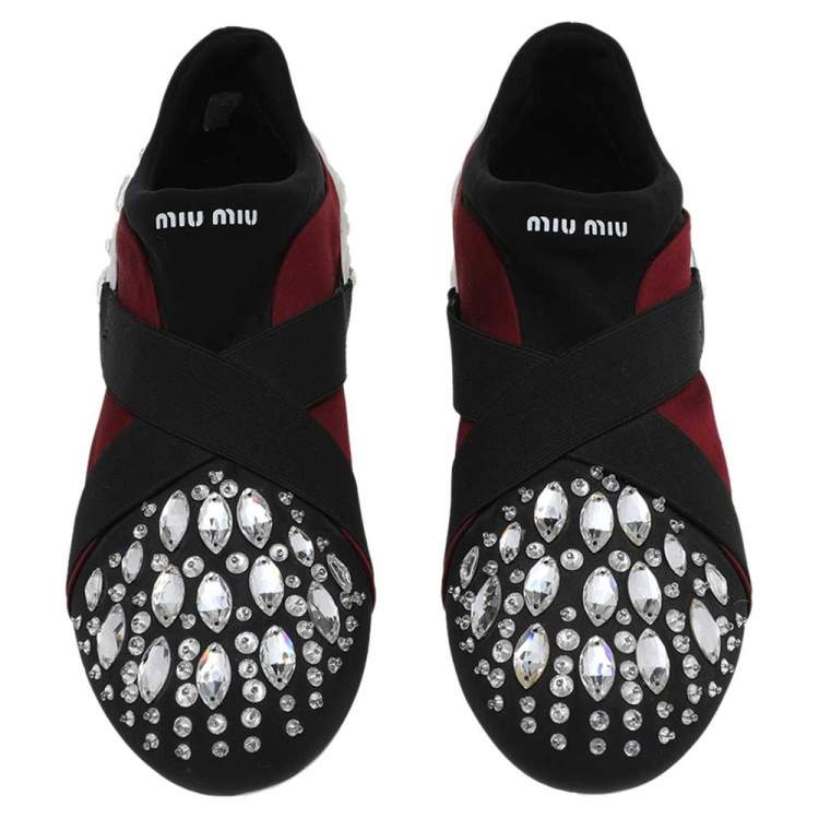 Pre Owned Miu Miu Black/Burgundy Satin Crystal Embellished Slip On Sneakers Size 35.5