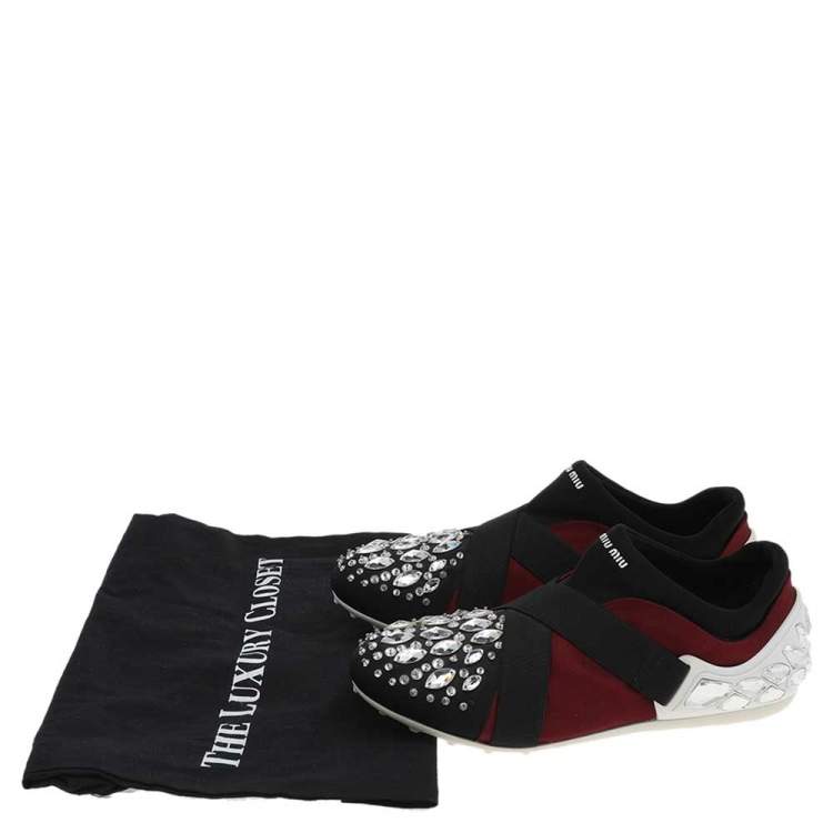 Pre Owned Miu Miu Black/Burgundy Satin Crystal Embellished Slip On Sneakers Size 35.5