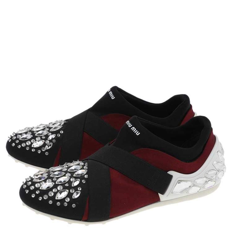 Pre Owned Miu Miu Black/Burgundy Satin Crystal Embellished Slip On Sneakers Size 35.5