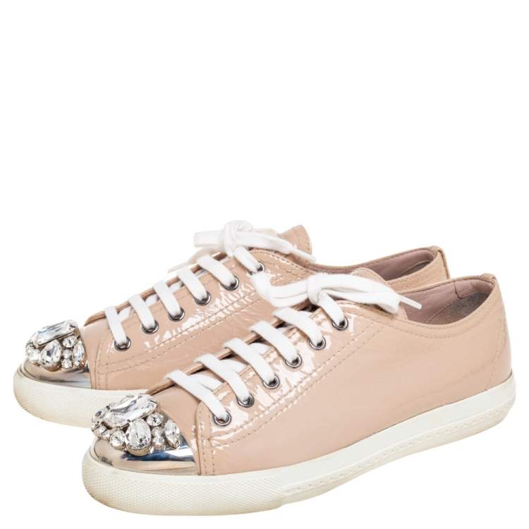 مملوكة مسبقًا Miu Miu Beige Patent Leather Crystal Embellished Cap Toe Lace-Up Sneakers Size 38