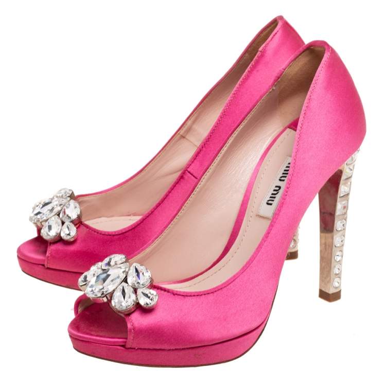 Pre Owned Miu Miu Pink Satin Crystal Embellished Heel Peep Toe Platform Pumps Size 36