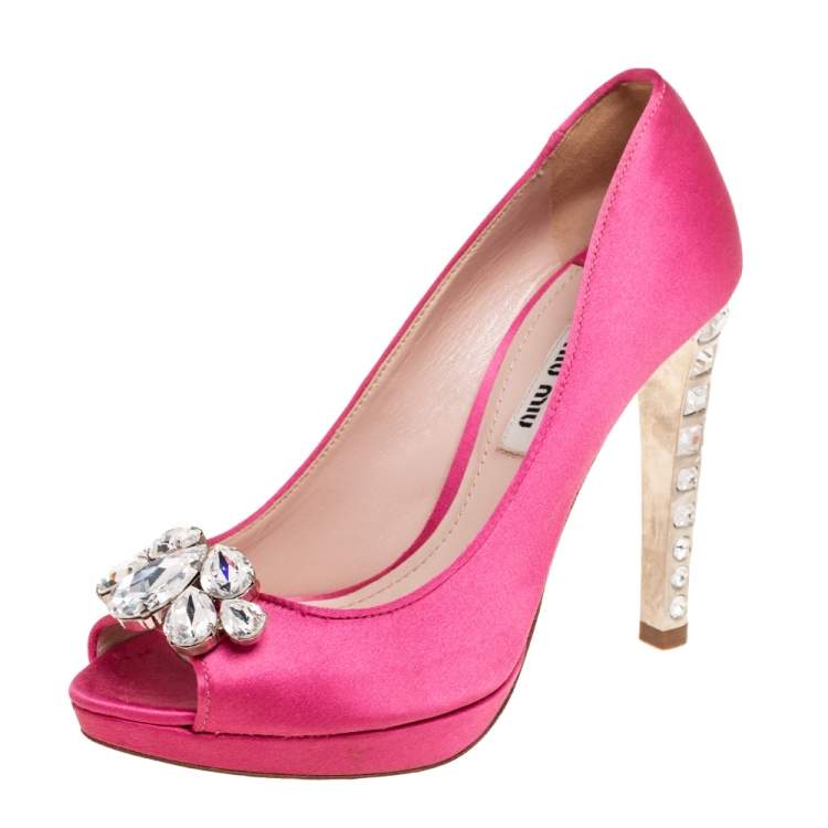 Miu Miu Pink Satin Crystal Embellished Heel Peep Toe Platform Pumps ...