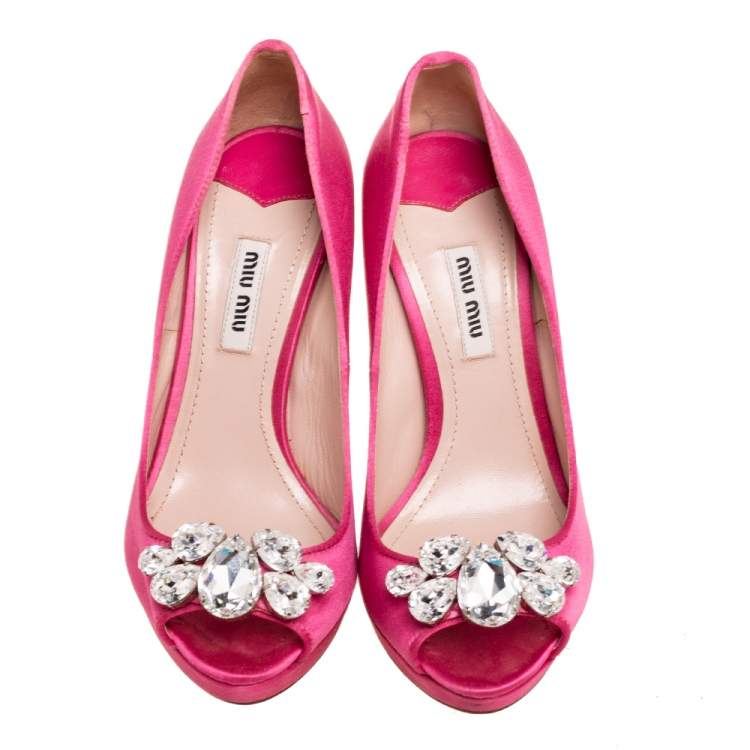 Pre Owned Miu Miu Pink Satin Crystal Embellished Heel Peep Toe Platform Pumps Size 36