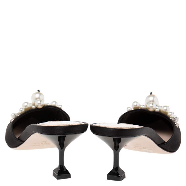 Pre Owned Miu Miu Black Satin Faux Pearl Embellished Pointed Toe Mules Size 38