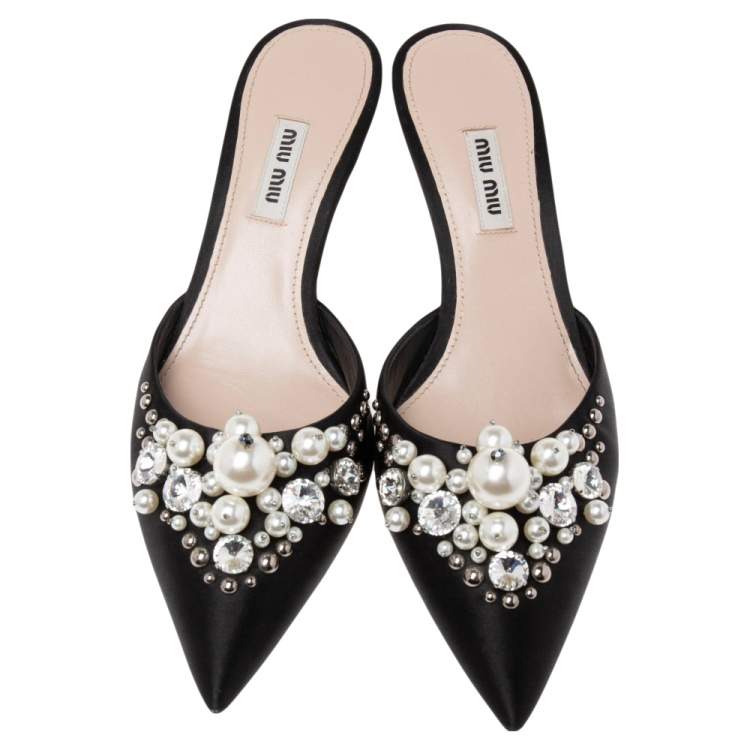 Pre Owned Miu Miu Black Satin Faux Pearl Embellished Pointed Toe Mules Size 38
