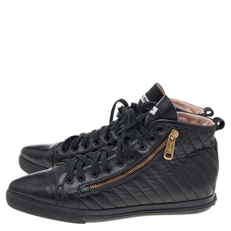 Pre Owned Miu Miu Black Quilted Leather Pointed Toe Zip High Top Sneakers Size 39.5