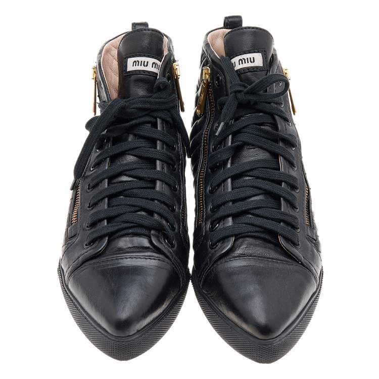 Pre Owned Miu Miu Black Quilted Leather Pointed Toe Zip High Top Sneakers Size 39.5