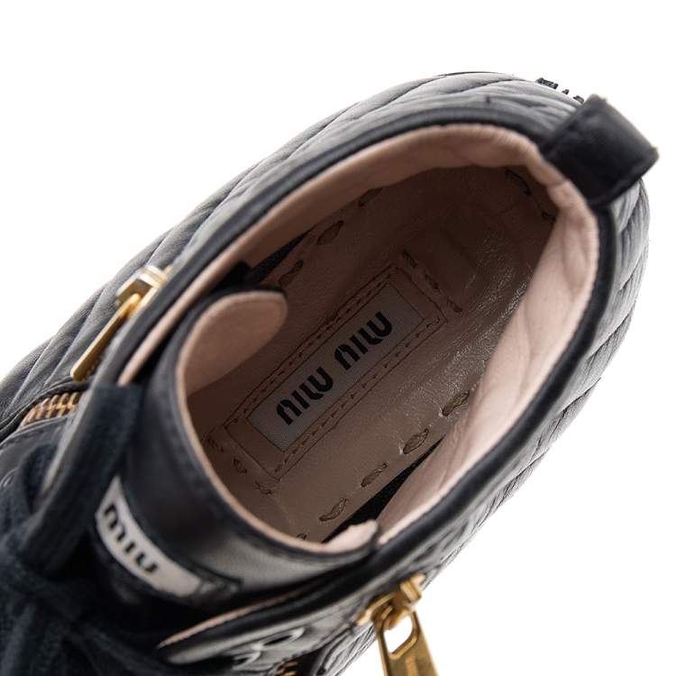 Pre Owned Miu Miu Black Quilted Leather Pointed Toe Zip High Top Sneakers Size 39.5