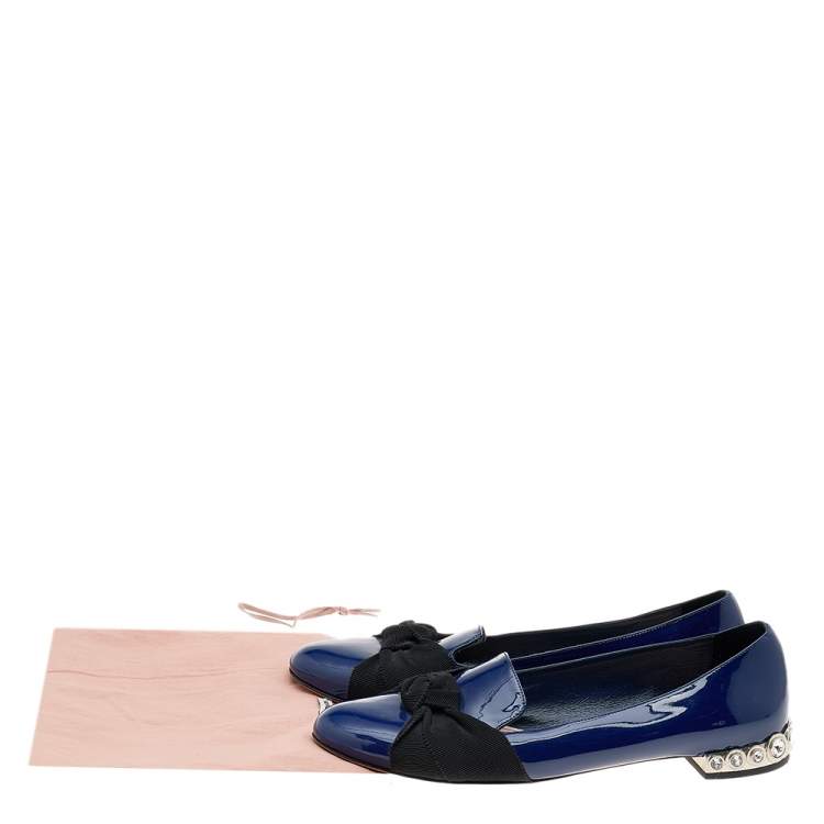 Pre Owned Miu Miu Blue Patent Leather Crystal Embellished Smoking Slippers Size 38