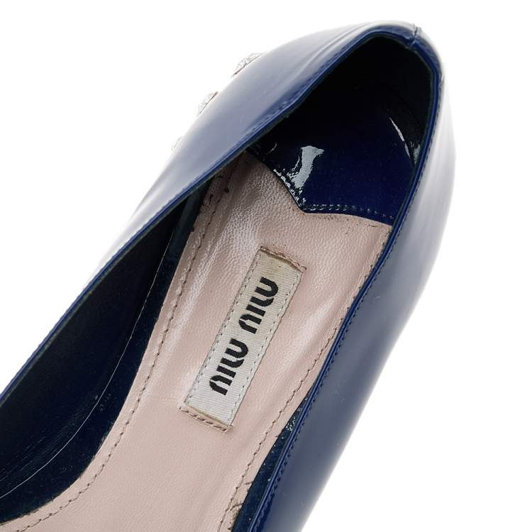 Pre Owned Miu Miu Blue Patent Leather Crystal Embellished Smoking Slippers Size 38