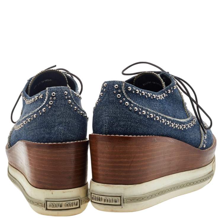 مملوكة مسبقًا Miu Miu Blue Denim Astro Cork Platform Sneakers Size 36