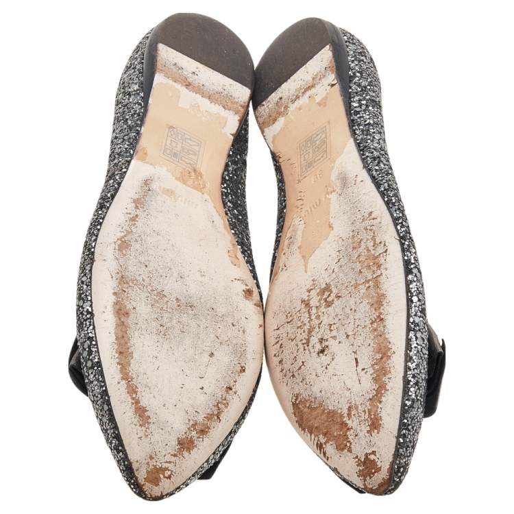 Pre Owned Miu Miu Silver Glitters and Leather Ballet Flats Size 38