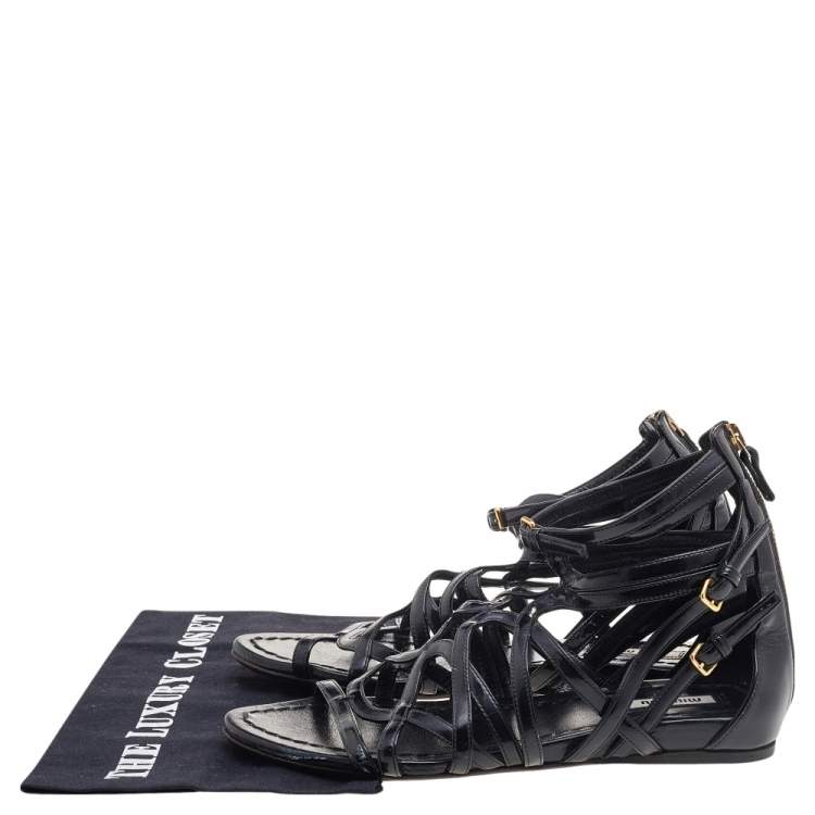 Pre Owned Miu Miu Black Patent Leather Gladiator Flats Size 38