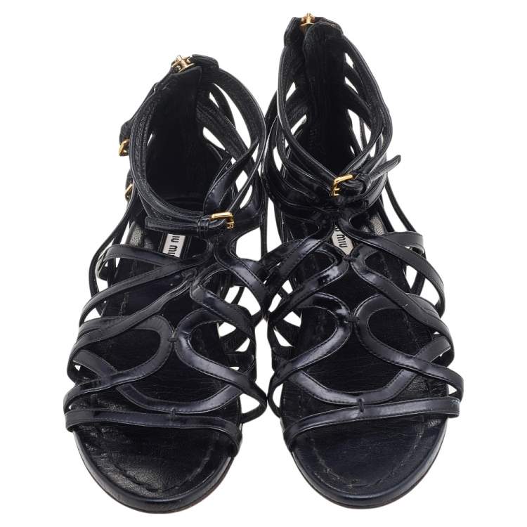 Pre Owned Miu Miu Black Patent Leather Gladiator Flats Size 38