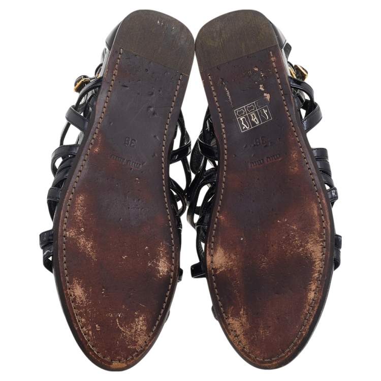 Pre Owned Miu Miu Black Patent Leather Gladiator Flats Size 38