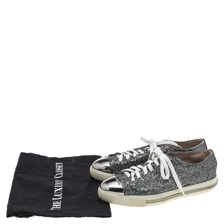 Pre Owned Miu Miu Metallic Grey Glitter Metal Cap Toe Low Top Sneakers Size 38