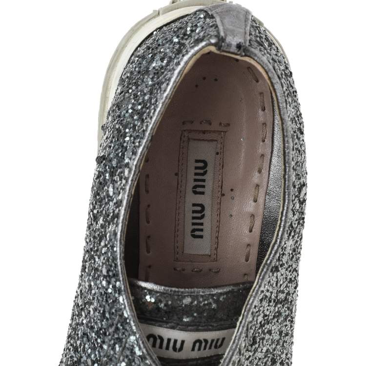 Pre Owned Miu Miu Metallic Grey Glitter Metal Cap Toe Low Top Sneakers Size 38