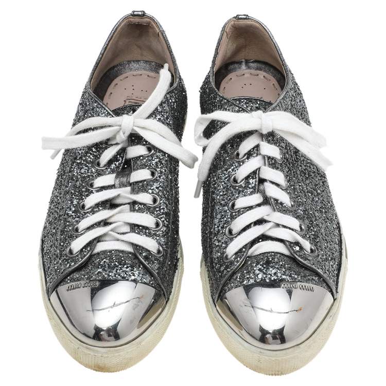 Pre Owned Miu Miu Metallic Grey Glitter Metal Cap Toe Low Top Sneakers Size 38