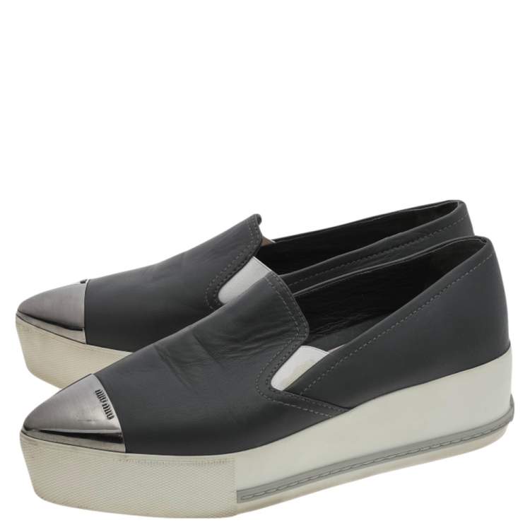 Pre Owned Miu Miu Grey Leather Slip on Sneakers Size 38