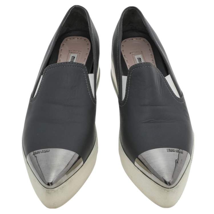 Pre Owned Miu Miu Grey Leather Slip on Sneakers Size 38