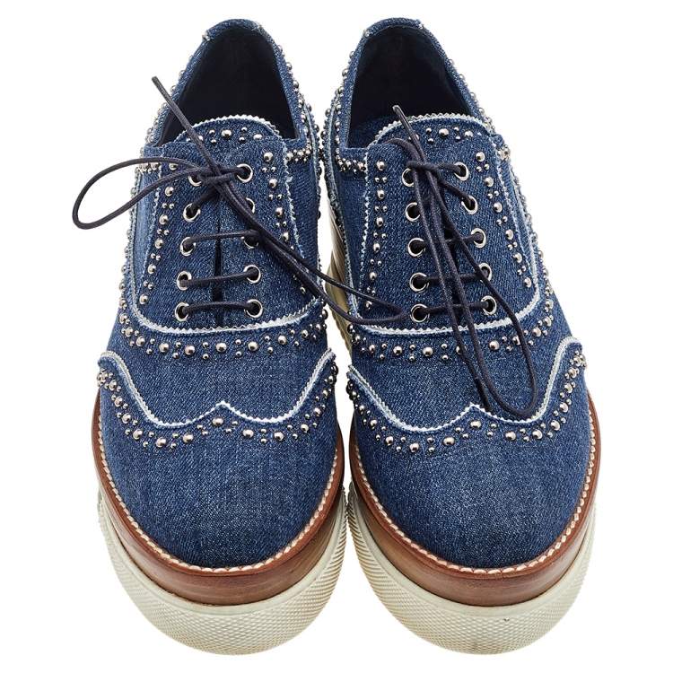 Pre Owned Miu Miu Blue Denim Wedge Platform Oxfords Size 37.5