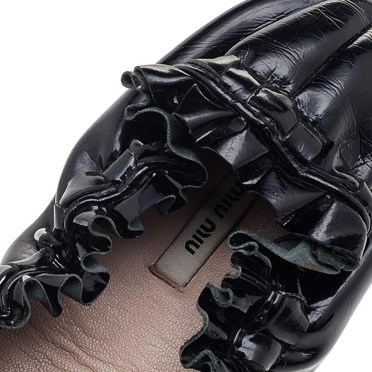 Pre Owned Miu Miu Black Patent Leather Scrunch Bow Ballet Flats Size 35.5