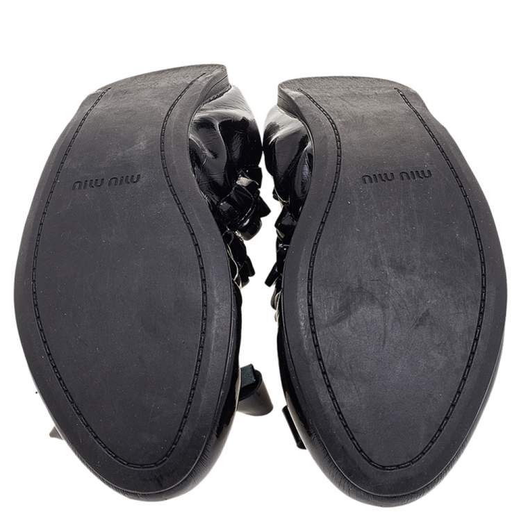 Pre Owned Miu Miu Black Patent Leather Scrunch Bow Ballet Flats Size 35.5