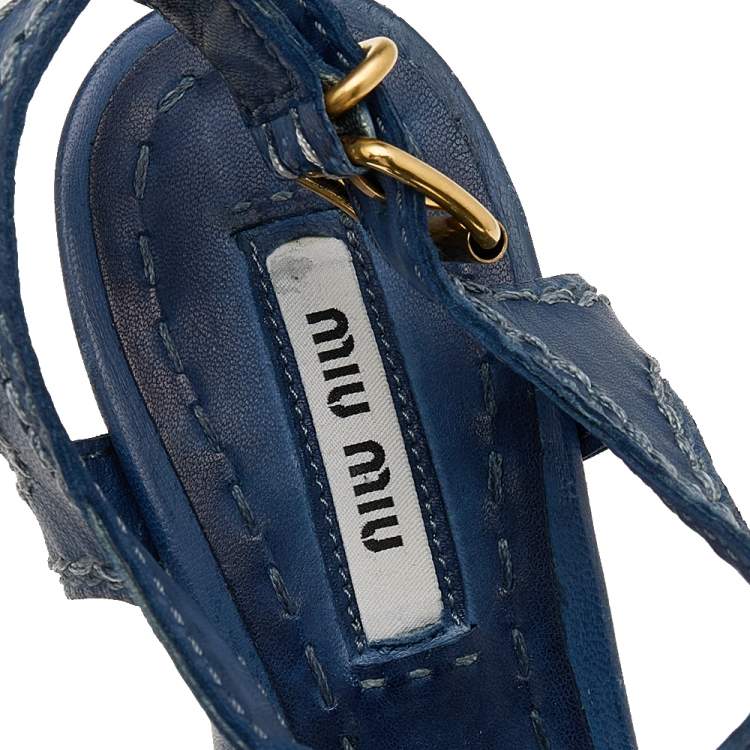 Pre Owned Miu Miu Blue Leather Stitch Detail Ankle Strap Platform Sandals Size 38