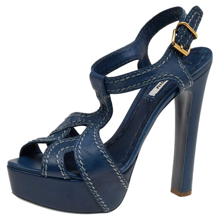 Pre Owned Miu Miu Blue Leather Stitch Detail Ankle Strap Platform Sandals Size 38