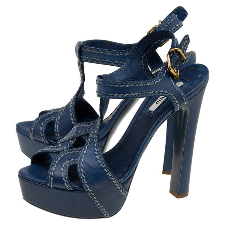 Pre Owned Miu Miu Blue Leather Stitch Detail Ankle Strap Platform Sandals Size 38