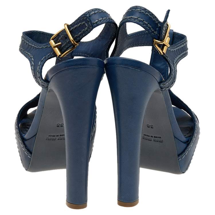Pre Owned Miu Miu Blue Leather Stitch Detail Ankle Strap Platform Sandals Size 38